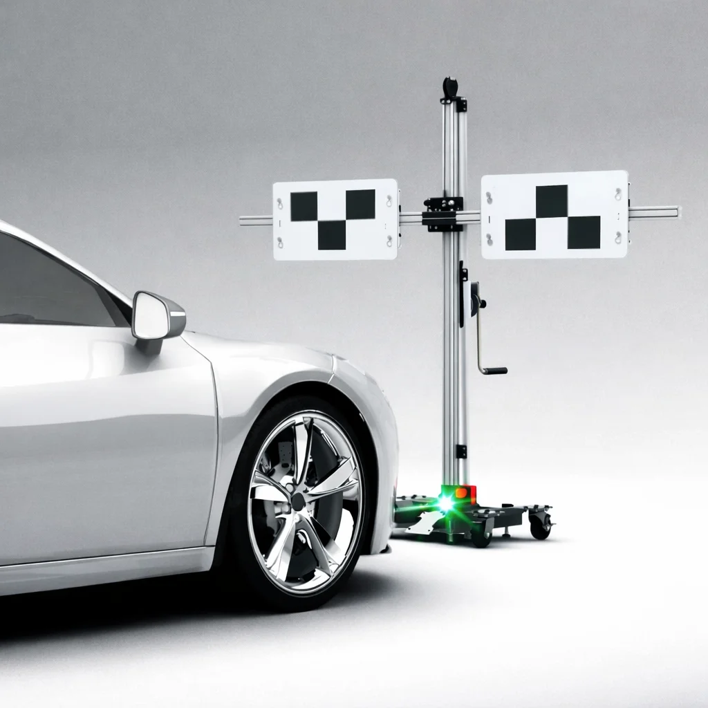 Advanced vehicle alignment technology with a grey car and alignment machine