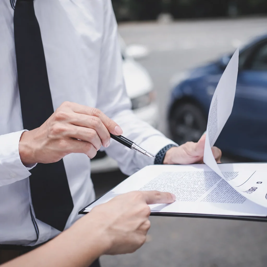 Business professionals reviewing documents outdoors