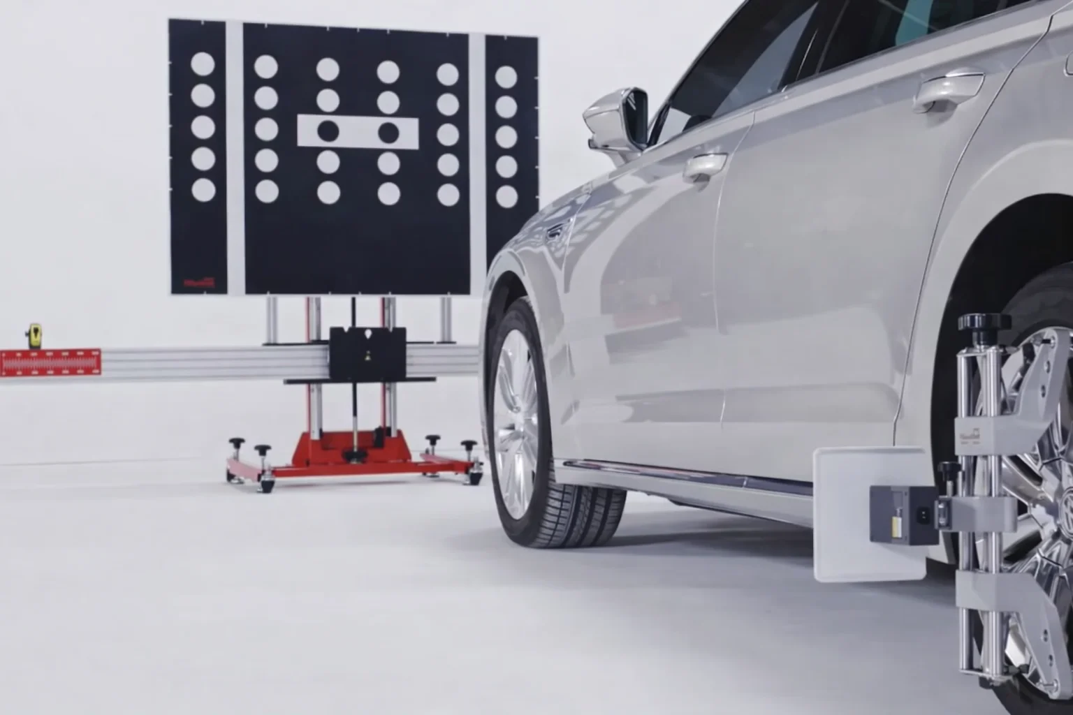 Silver car undergoing alignment in a workshop